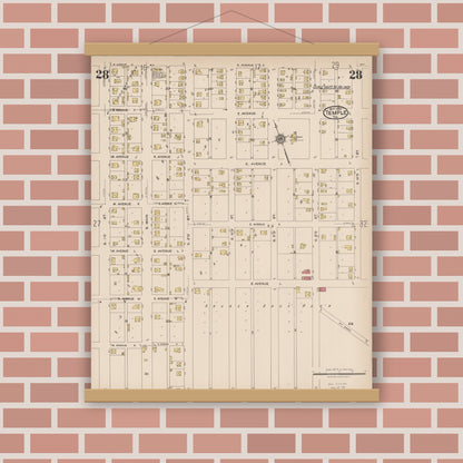 Old map wall art mockup — magnetic wood frame on brick wall — Sanborn Fire Insurance Map from Temple, Bell County, Texas (1922), Sheet #0028