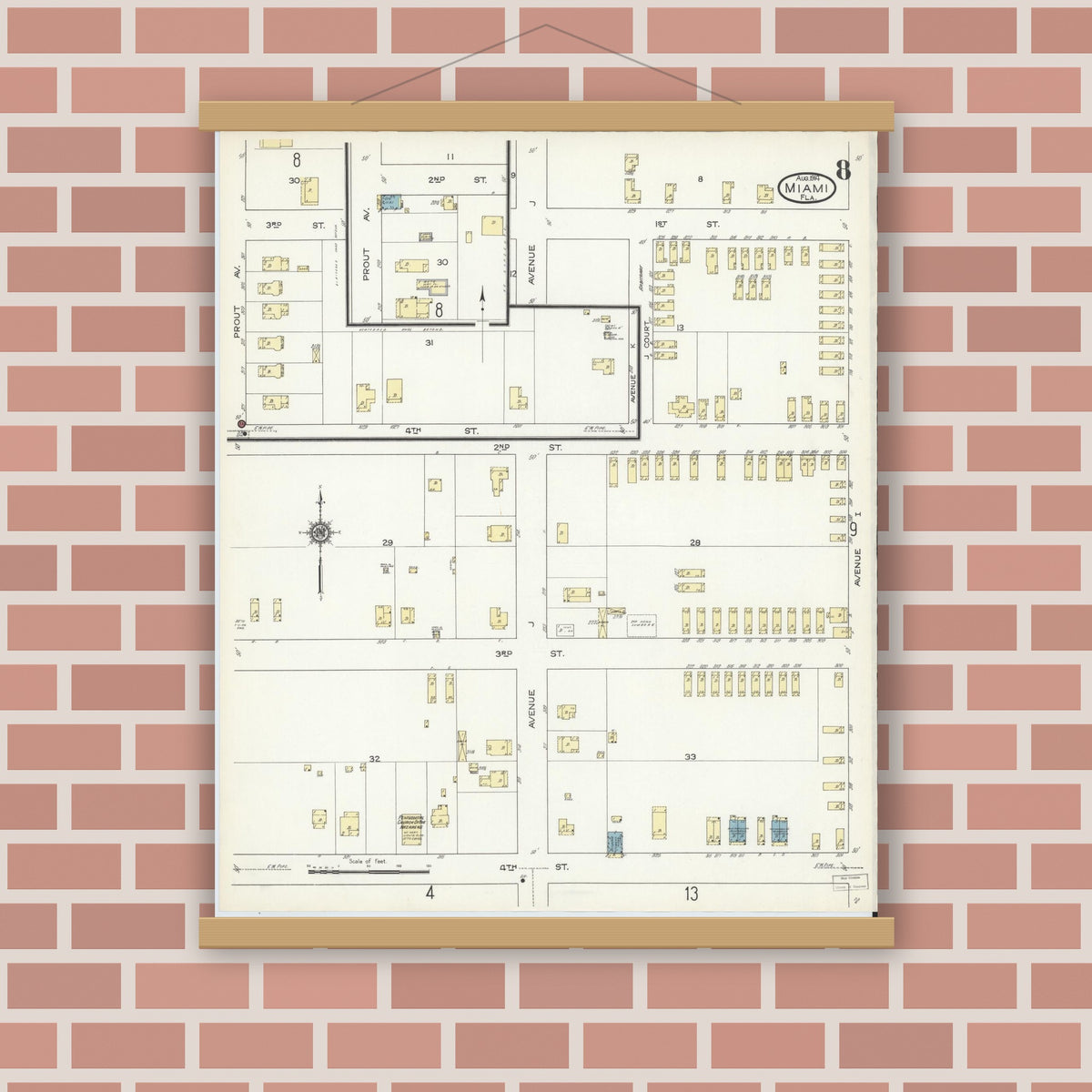 Old map wall art mockup — magnetic wood frame on brick wall — Sanborn Fire Insurance Map from Miami, Dade County, Florida (1914), Sheet #0008