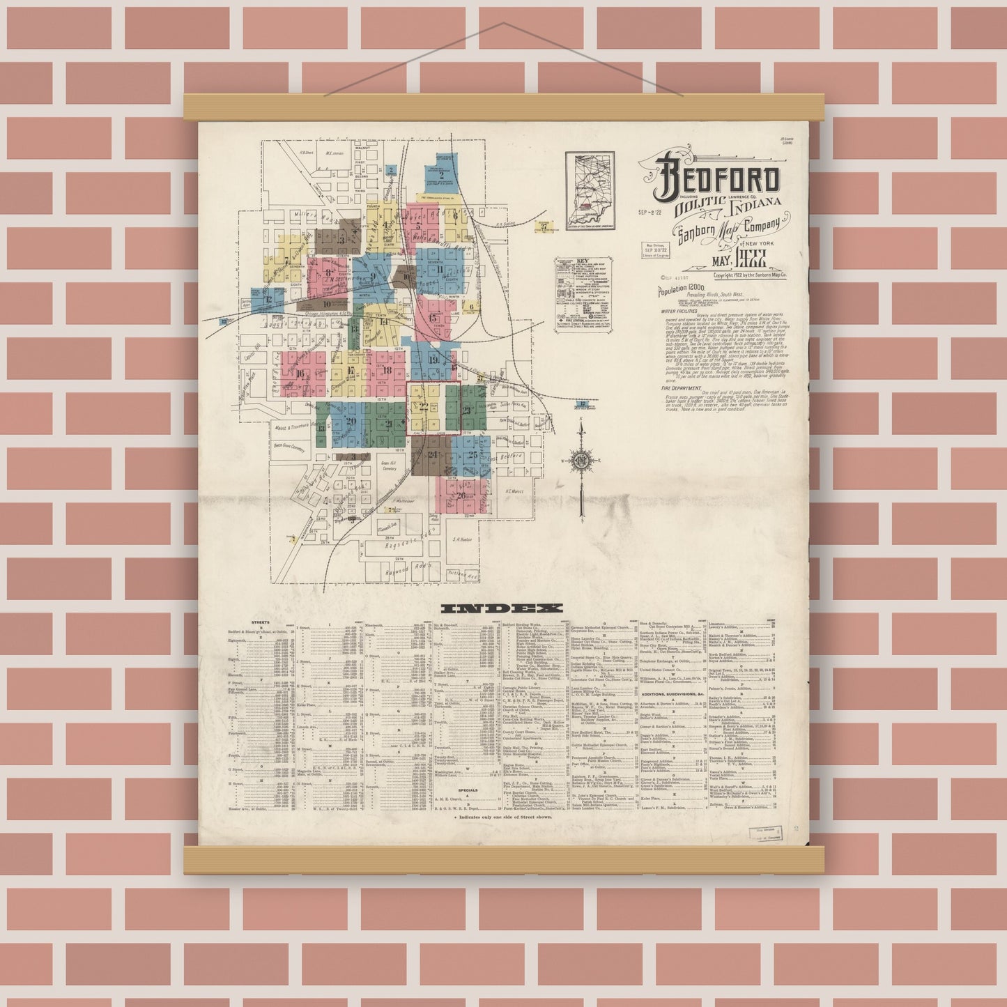 Old map wall art mockup — magnetic wood frame on brick wall — Sanborn Fire Insurance Map from Bedford, Lawrence County, Indiana (1922), Sheet #0001