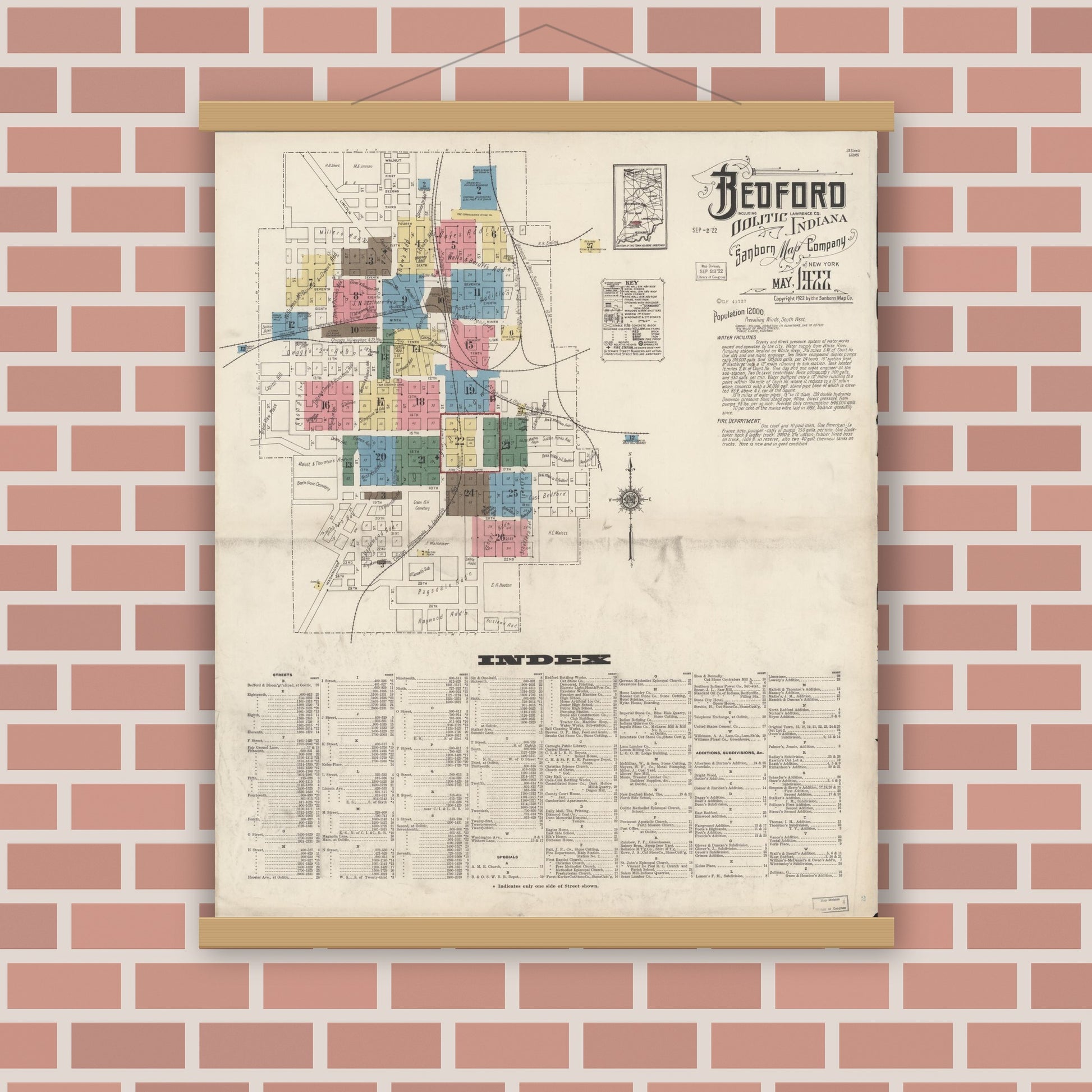 Old map wall art mockup — magnetic wood frame on brick wall — Sanborn Fire Insurance Map from Bedford, Lawrence County, Indiana (1922), Sheet #0001