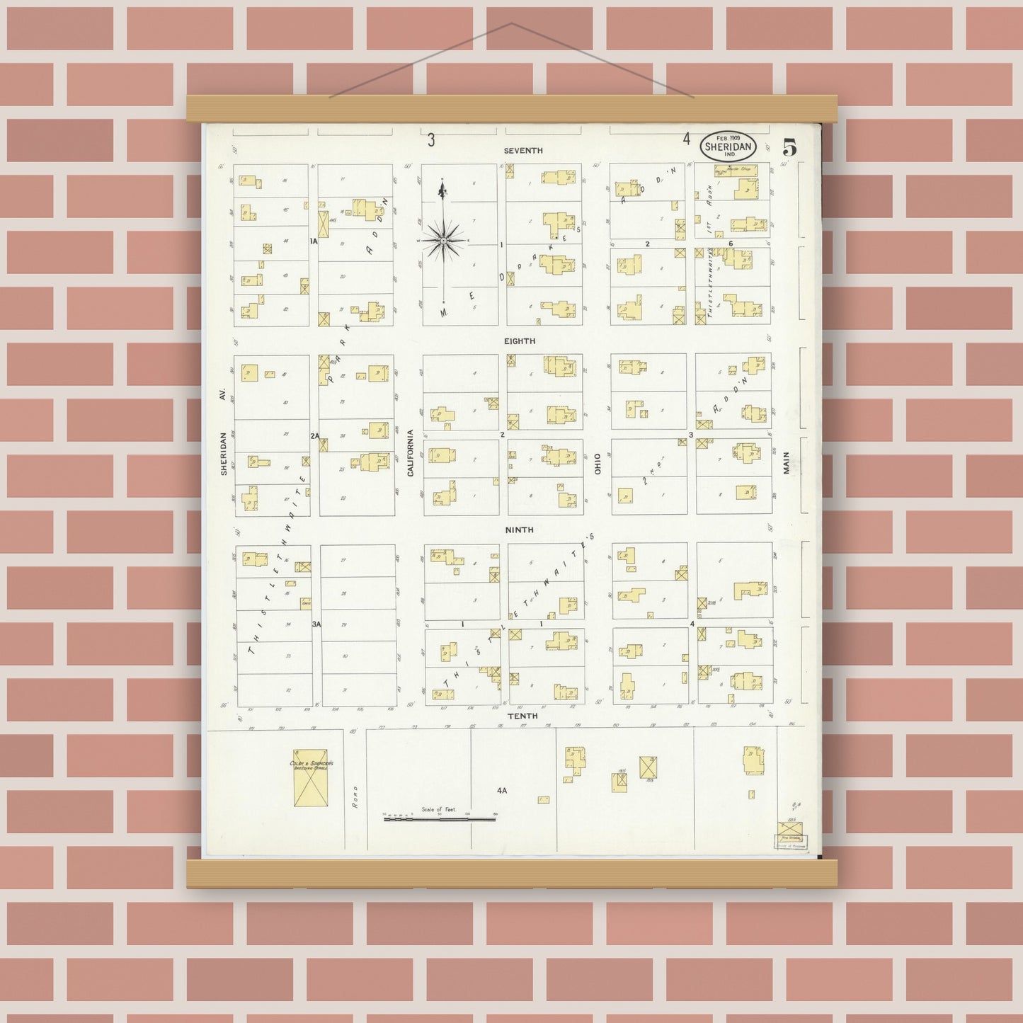 Old map wall art mockup — magnetic wood frame on brick wall — Sanborn Fire Insurance Map from Sheridan, Hamilton County, Indiana (1909), Sheet #0005