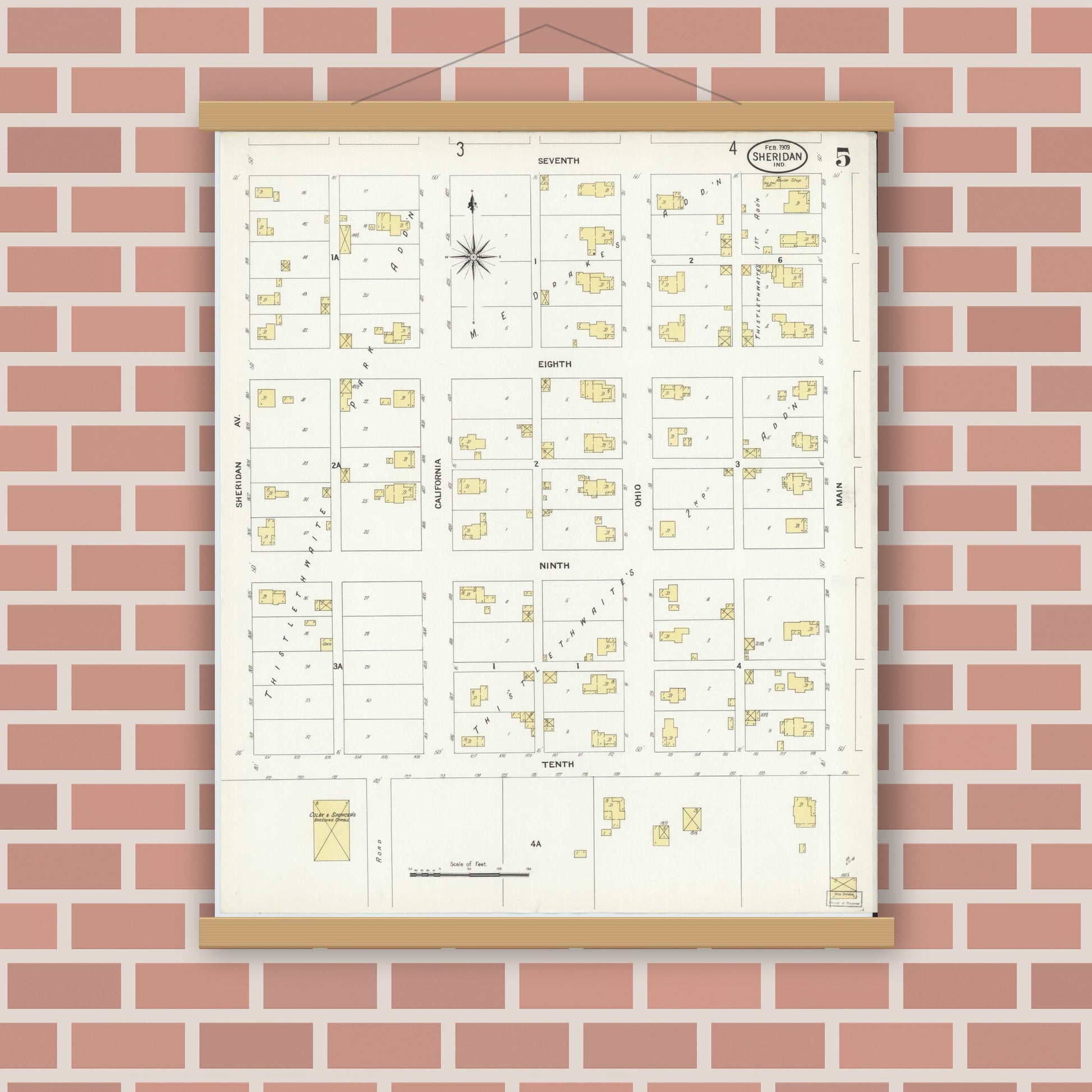 Old map wall art mockup — magnetic wood frame on brick wall — Sanborn Fire Insurance Map from Sheridan, Hamilton County, Indiana (1909), Sheet #0005
