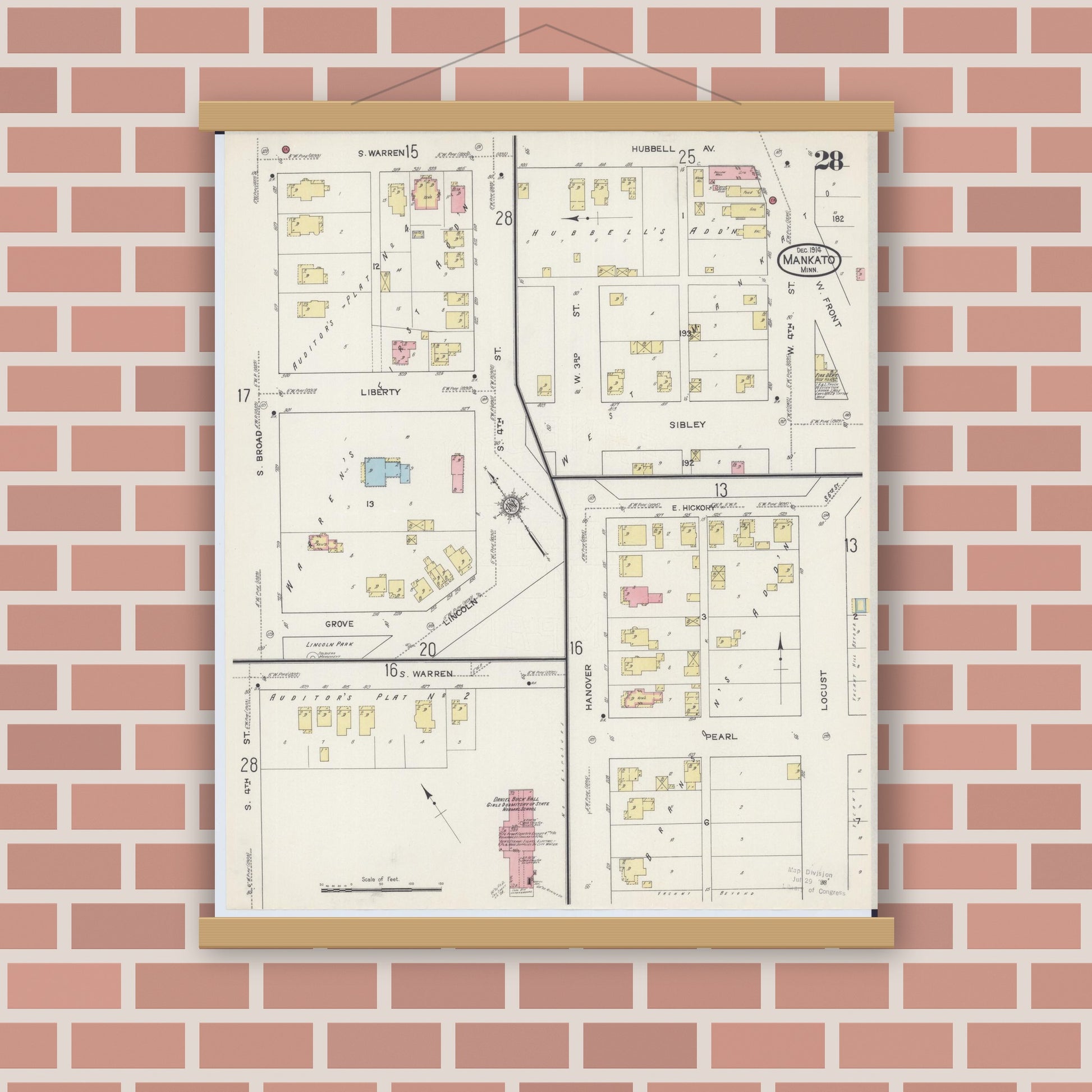 Old map wall art mockup — magnetic wood frame on brick wall — Sanborn Fire Insurance Map from Mankato, Blue Earth County, Minnesota (1914), Sheet #0028