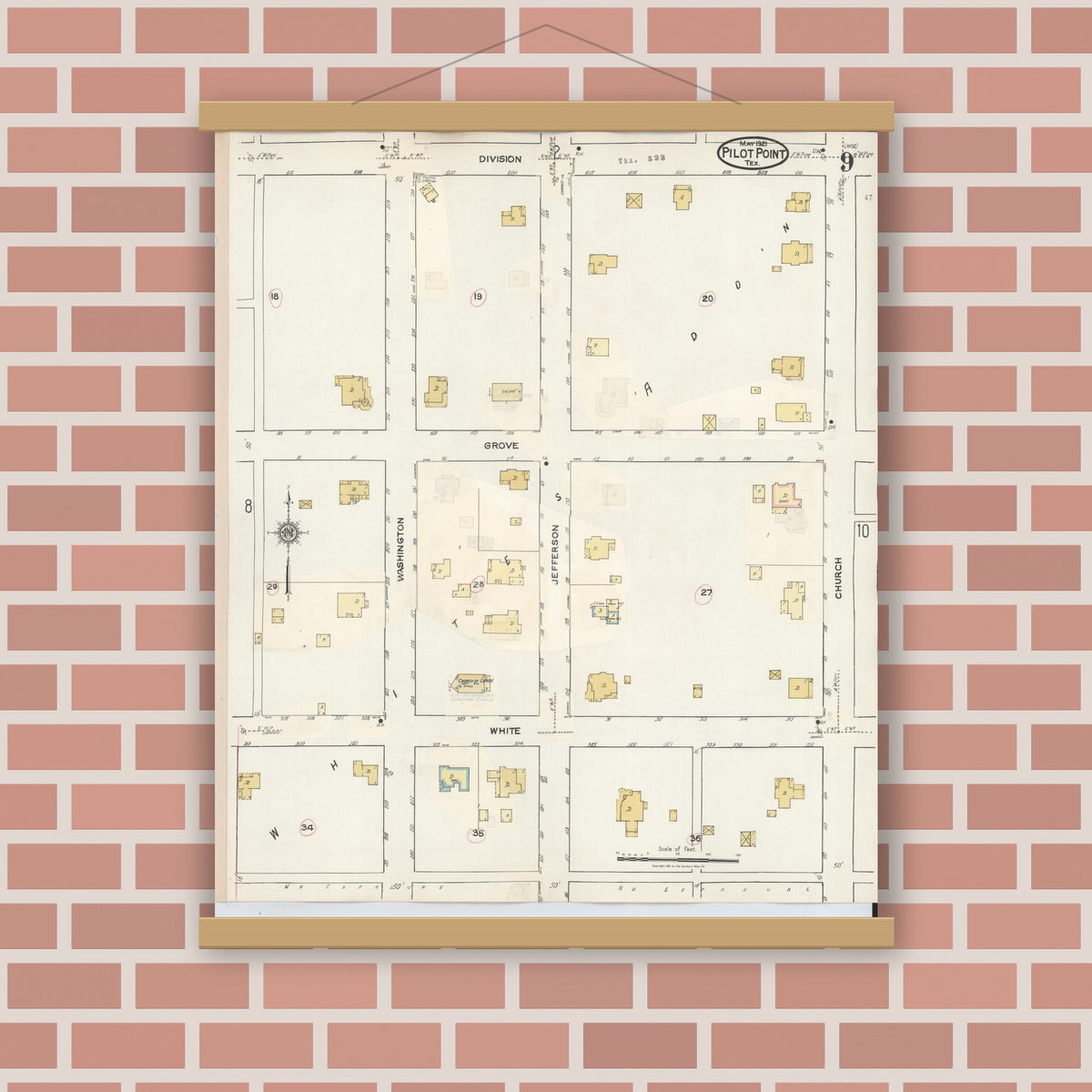 Old map wall art mockup — magnetic wood frame on brick wall — Sanborn Fire Insurance Map from Pilot Point, Denton County, Texas (1940), Sheet #0009