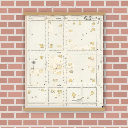 Old map wall art mockup — magnetic wood frame on brick wall — Sanborn Fire Insurance Map from Pilot Point, Denton County, Texas (1940), Sheet #0009