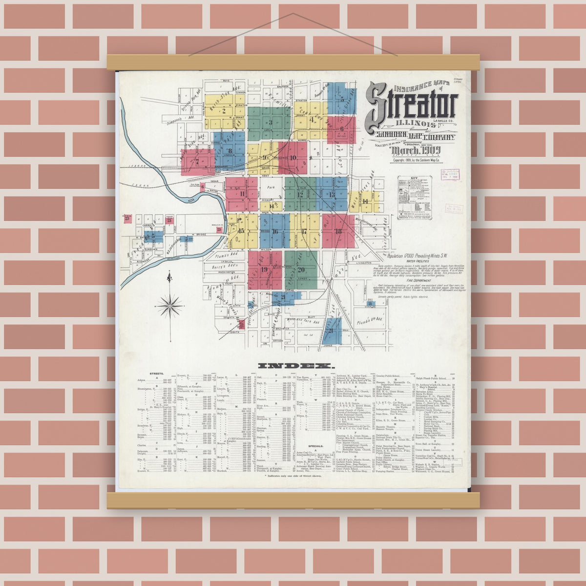 Old map wall art mockup — magnetic wood frame on brick wall — Sanborn Fire Insurance Map from Streator, La Salle County, Illinois (1909) - Complete Map Set