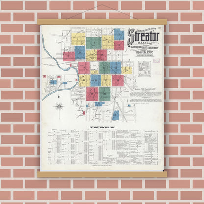 Old map wall art mockup — magnetic wood frame on brick wall — Sanborn Fire Insurance Map from Streator, La Salle County, Illinois (1909) - Complete Map Set