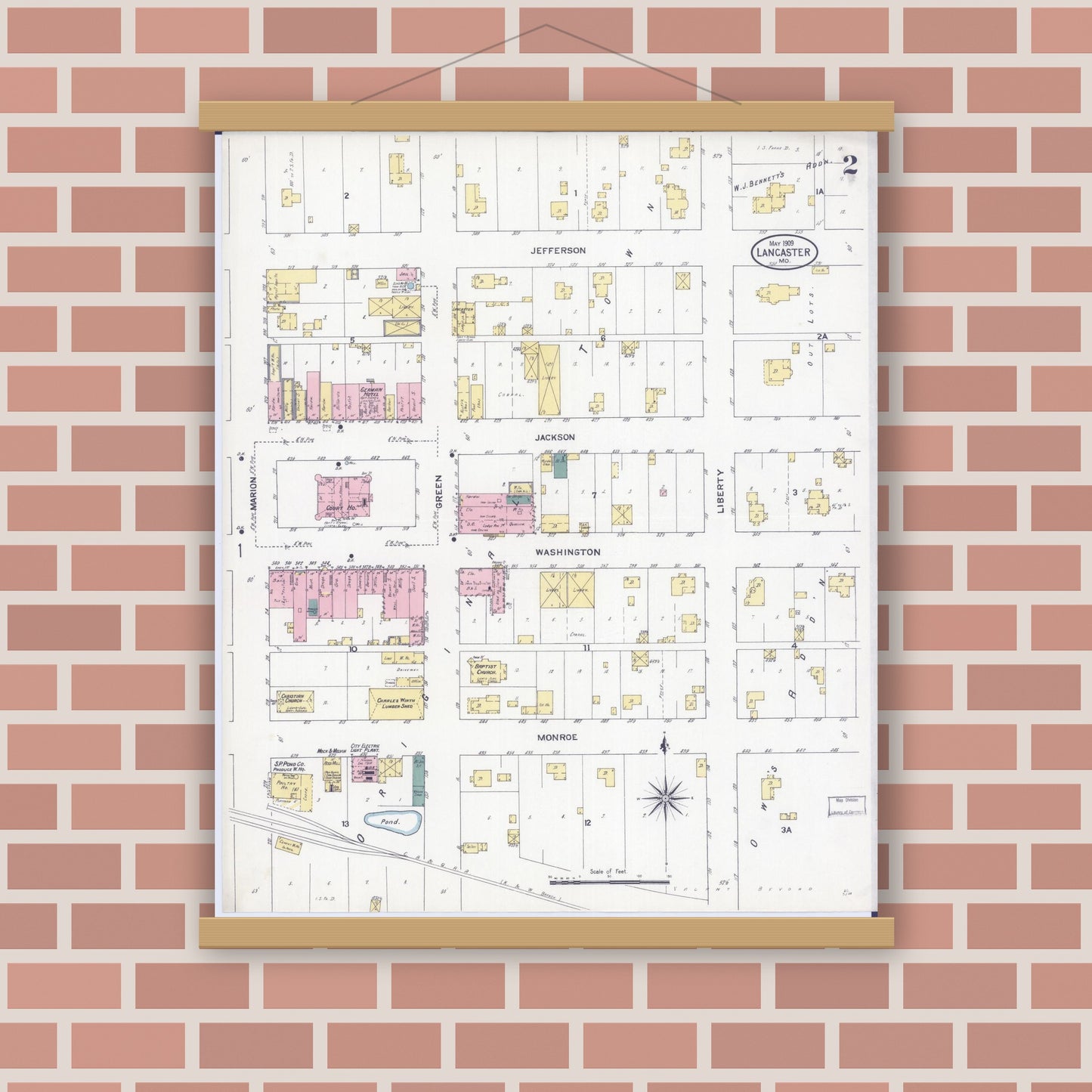 Old map wall art mockup — magnetic wood frame on brick wall — Sanborn Fire Insurance Map from Lancaster, Schuyler County, Missouri (1909), Sheet #0002