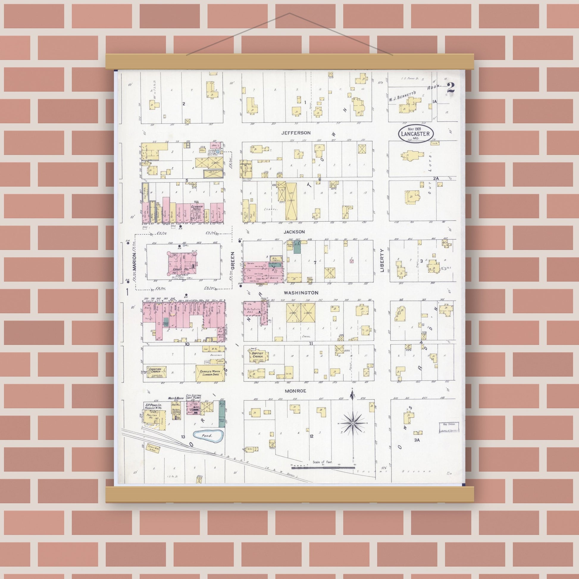 Old map wall art mockup — magnetic wood frame on brick wall — Sanborn Fire Insurance Map from Lancaster, Schuyler County, Missouri (1909), Sheet #0002