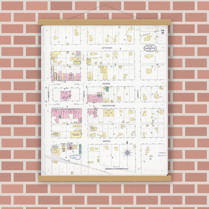 Old map wall art mockup — magnetic wood frame on brick wall — Sanborn Fire Insurance Map from Lancaster, Schuyler County, Missouri (1909), Sheet #0002
