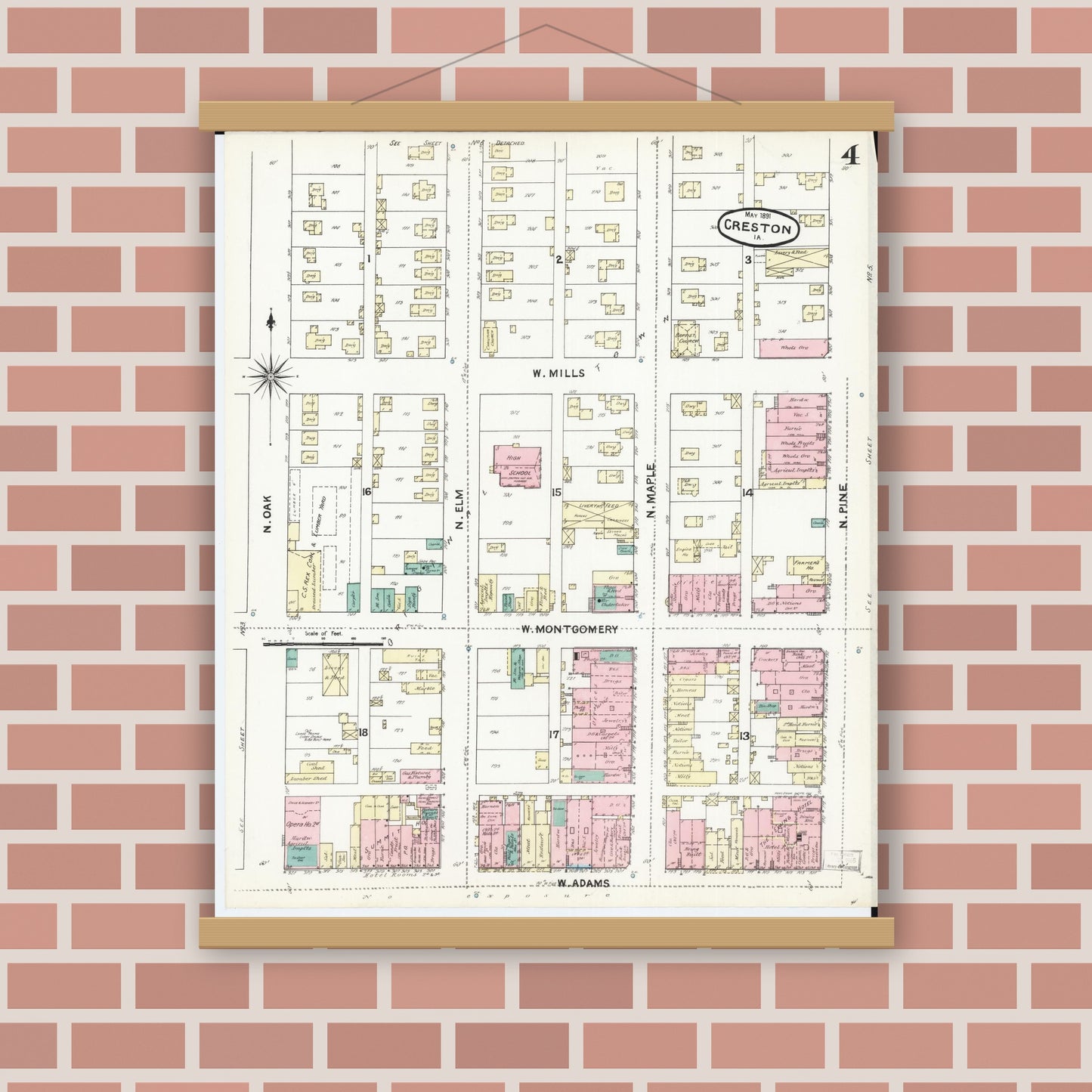 Old map wall art mockup — magnetic wood frame on brick wall — Sanborn Fire Insurance Map from Creston, Union County, Iowa (1891), Sheet #0004