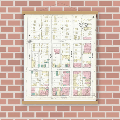Old map wall art mockup — magnetic wood frame on brick wall — Sanborn Fire Insurance Map from Creston, Union County, Iowa (1891), Sheet #0004
