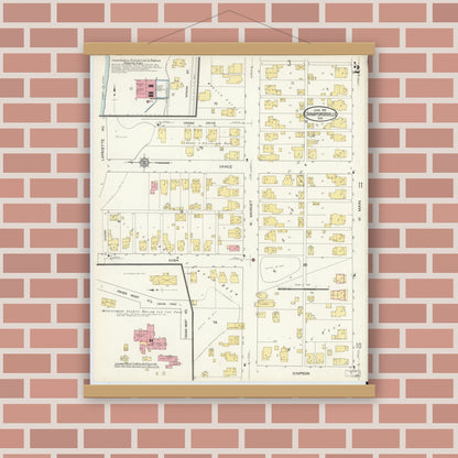 Old map wall art mockup — magnetic wood frame on brick wall — Sanborn Fire Insurance Map from Crawfordsville, Montgomery County, Indiana (1913), Sheet #0002