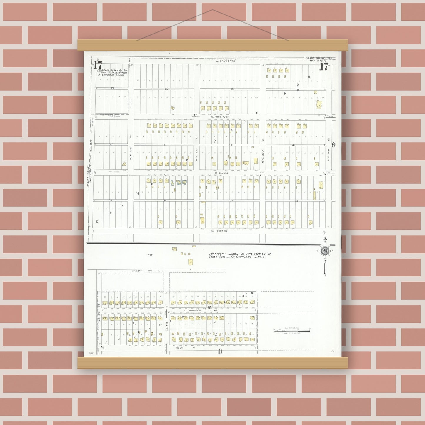 Old map wall art mockup — magnetic wood frame on brick wall — Sanborn Fire Insurance Map from Grand Prairie, Dallas County, Texas (1943), Sheet #0017
