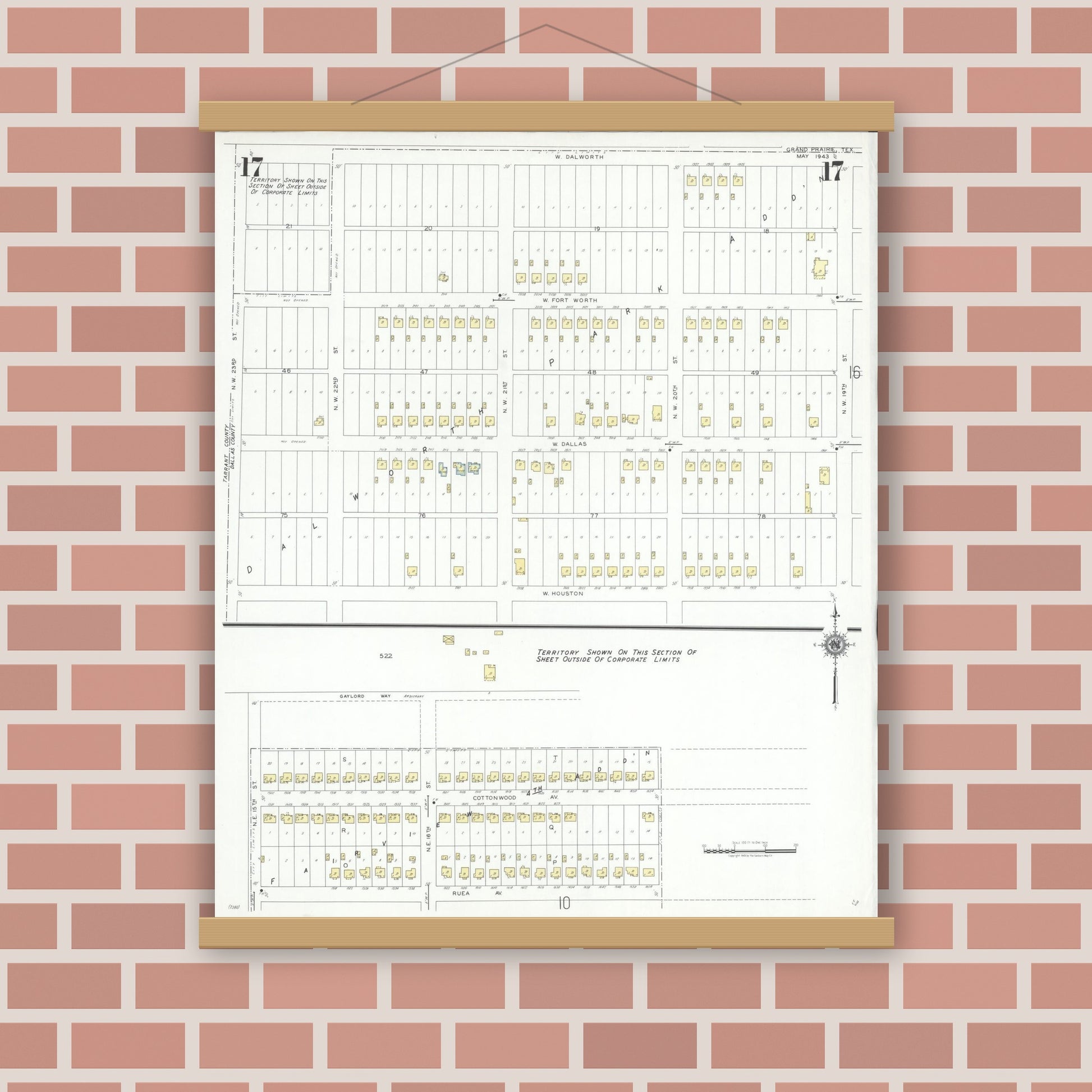 Old map wall art mockup — magnetic wood frame on brick wall — Sanborn Fire Insurance Map from Grand Prairie, Dallas County, Texas (1943), Sheet #0017