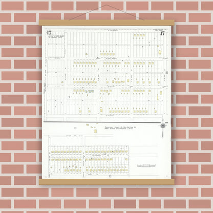 Old map wall art mockup — magnetic wood frame on brick wall — Sanborn Fire Insurance Map from Grand Prairie, Dallas County, Texas (1943), Sheet #0017