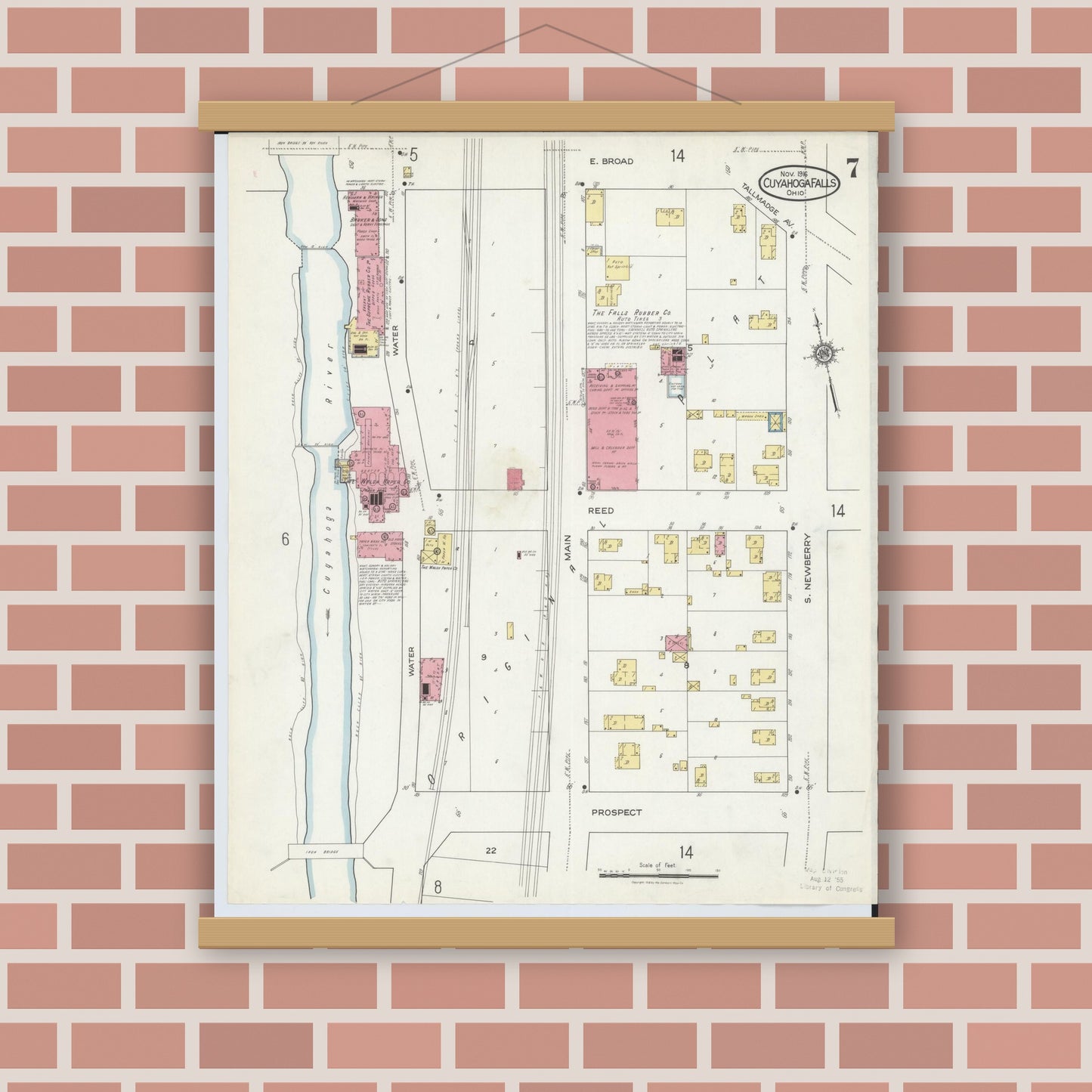 Old map wall art mockup — magnetic wood frame on brick wall — Sanborn Fire Insurance Map from Cuyahoga Falls, Summit County, Ohio (1916), Sheet #0007