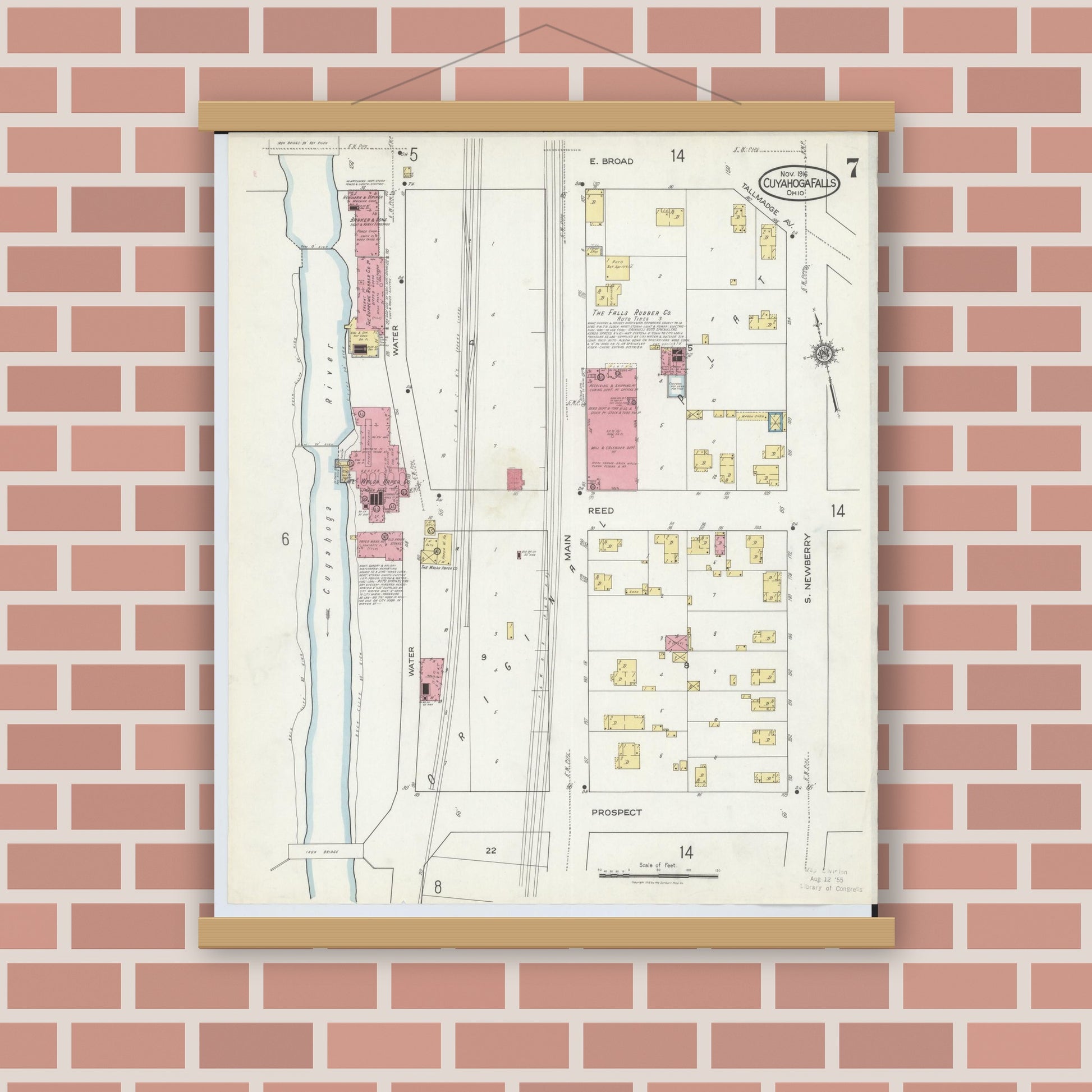 Old map wall art mockup — magnetic wood frame on brick wall — Sanborn Fire Insurance Map from Cuyahoga Falls, Summit County, Ohio (1916), Sheet #0007