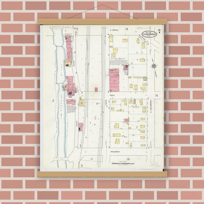 Old map wall art mockup — magnetic wood frame on brick wall — Sanborn Fire Insurance Map from Cuyahoga Falls, Summit County, Ohio (1916), Sheet #0007