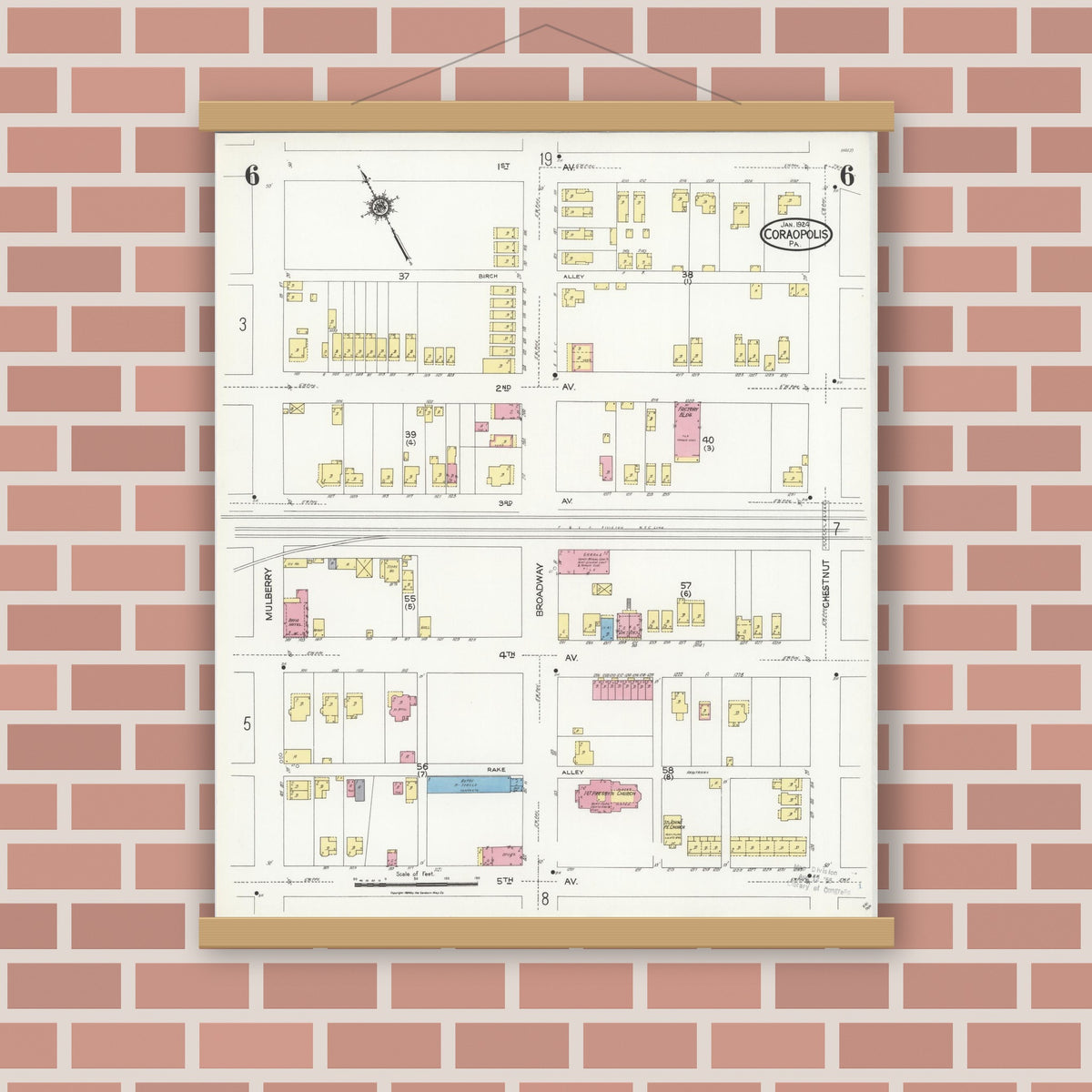 Old map wall art mockup — magnetic wood frame on brick wall — Sanborn Fire Insurance Map from Coraopolis, Allegheny County, Pennsylvania (1924), Sheet #0006