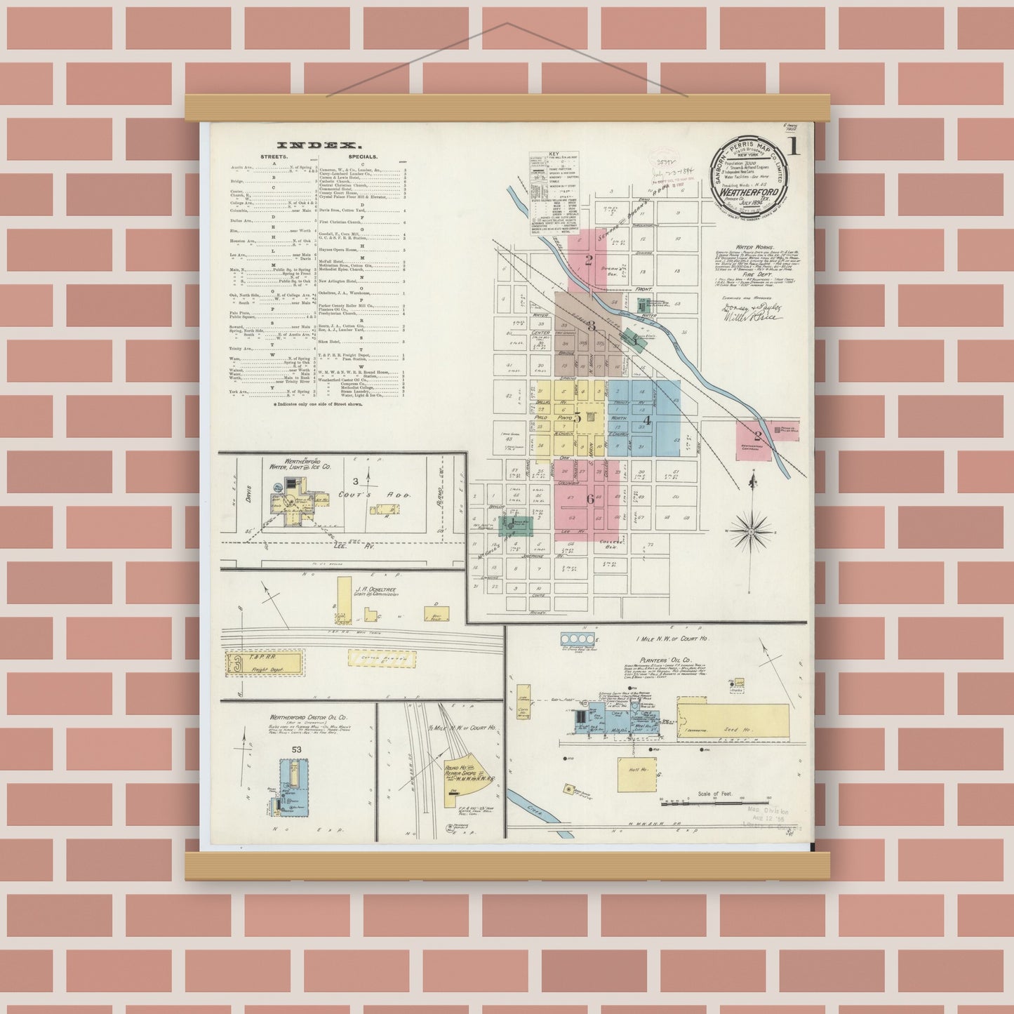 Old map wall art mockup — magnetic wood frame on brick wall — Sanborn Fire Insurance Map from Weatherford, Parker County, Texas (1894), Sheet #0001