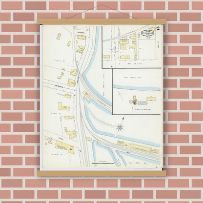 Old map wall art mockup — magnetic wood frame on brick wall — Sanborn Fire Insurance Map from Saint Ignace, Mackinac County, Michigan (1896), Sheet #0002