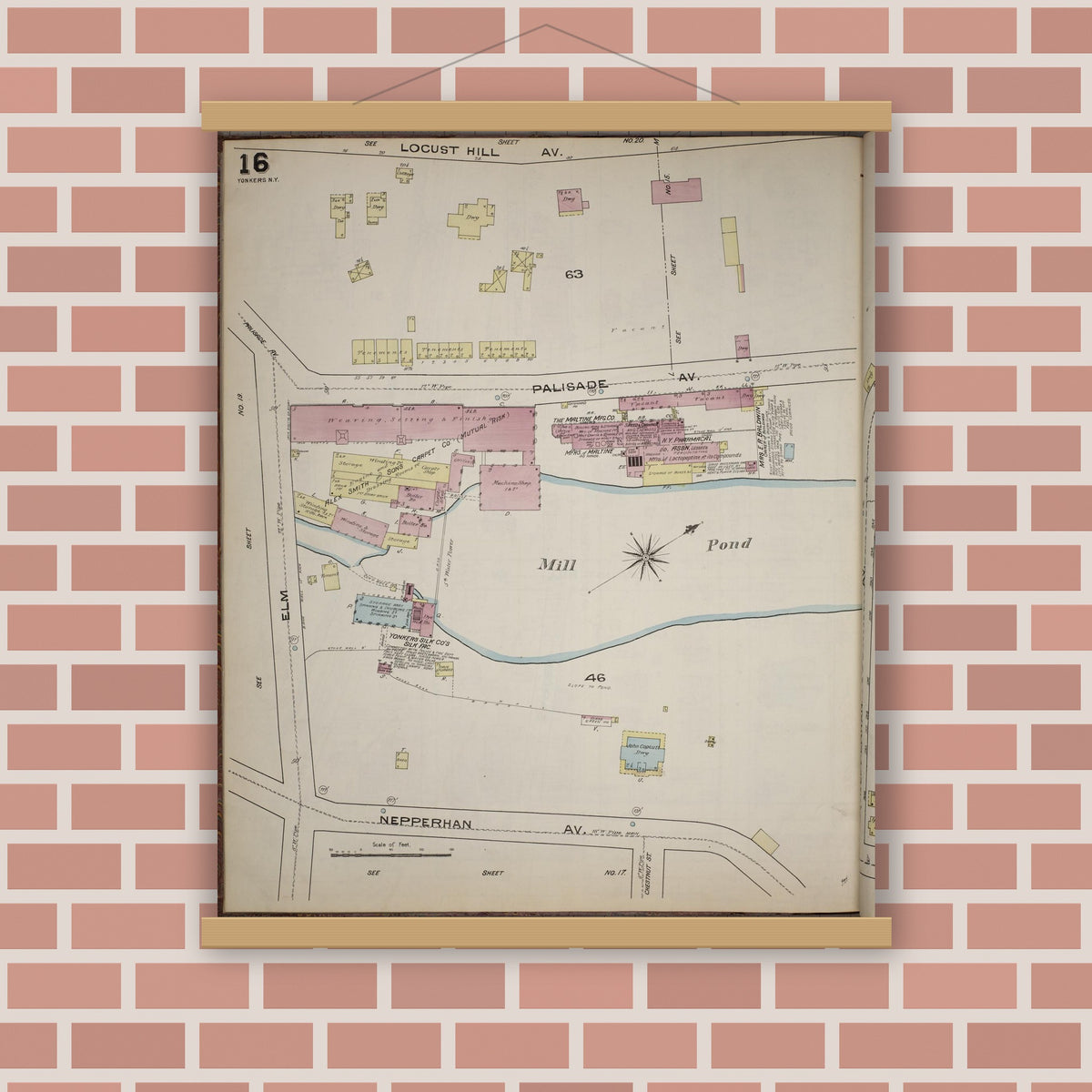 Old map wall art mockup — magnetic wood frame on brick wall — Sanborn Fire Insurance Map from Yonkers, Westchester County, New York (1886), Sheet #0016
