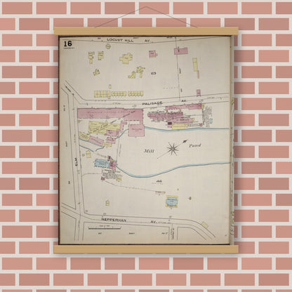 Old map wall art mockup — magnetic wood frame on brick wall — Sanborn Fire Insurance Map from Yonkers, Westchester County, New York (1886), Sheet #0016