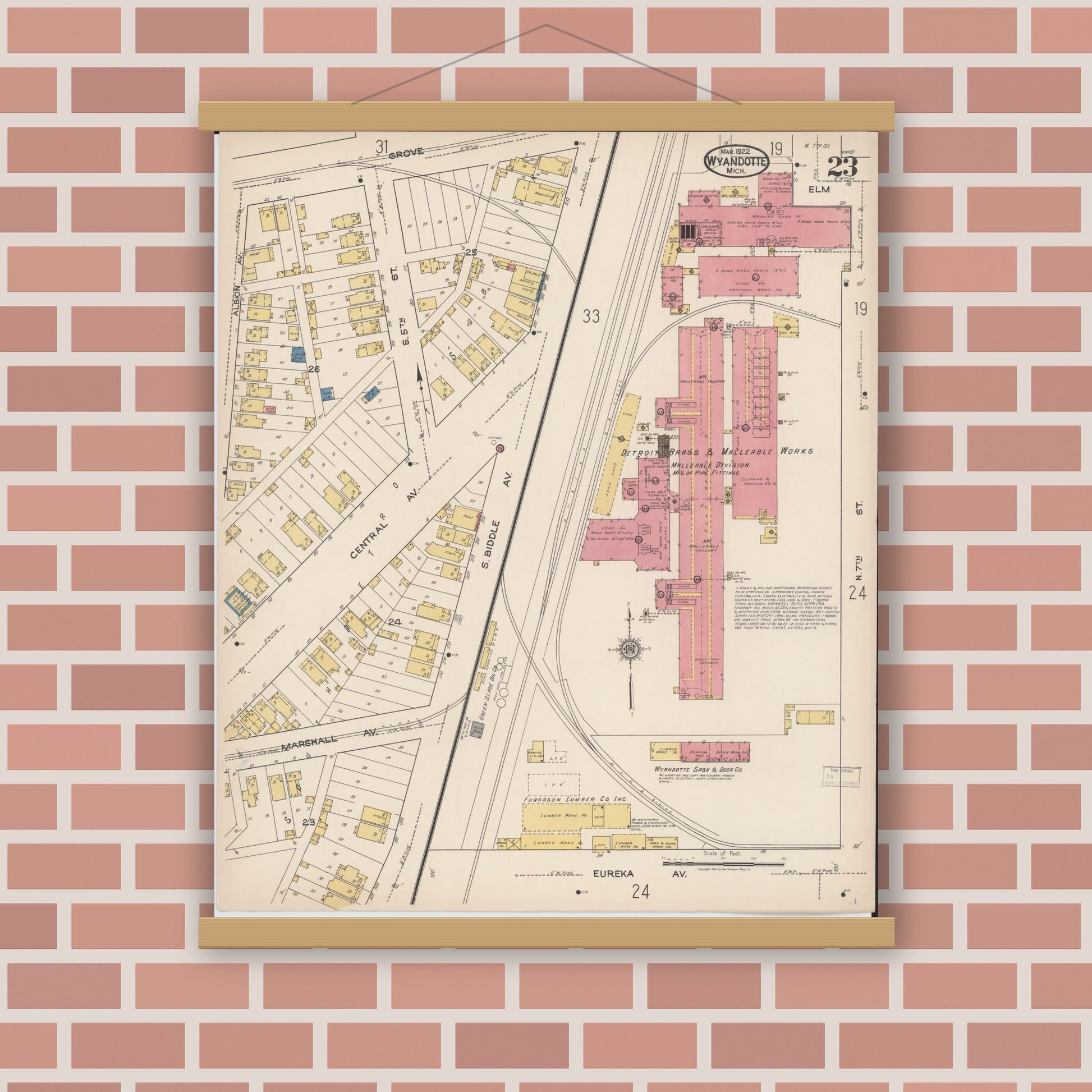 Old map wall art mockup — magnetic wood frame on brick wall — Sanborn Fire Insurance Map from Wyandotte, Wayne County, Michigan (1922), Sheet #0023