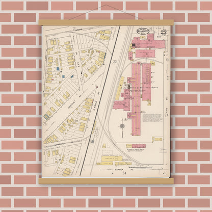 Old map wall art mockup — magnetic wood frame on brick wall — Sanborn Fire Insurance Map from Wyandotte, Wayne County, Michigan (1922), Sheet #0023