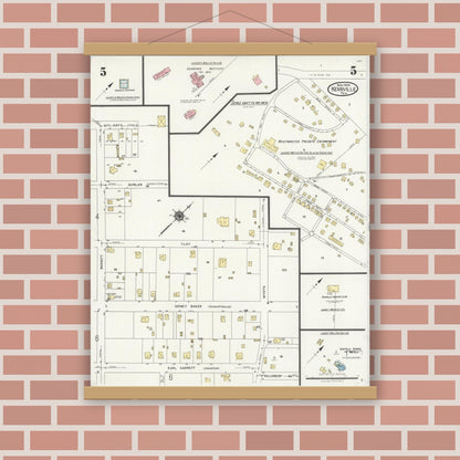 Old map wall art mockup — magnetic wood frame on brick wall — Sanborn Fire Insurance Map from Kerrville, Kerr County, Texas (1924), Sheet #0005