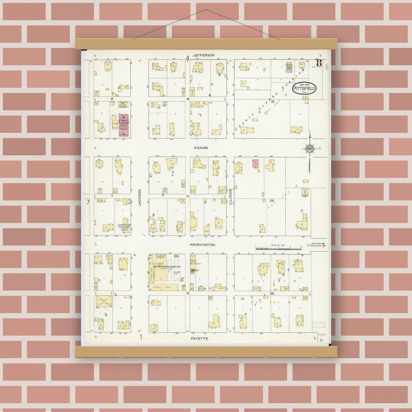 Old map wall art mockup — magnetic wood frame on brick wall — Sanborn Fire Insurance Map from Pittsfield, Pike County, Illinois (1913), Sheet #0008