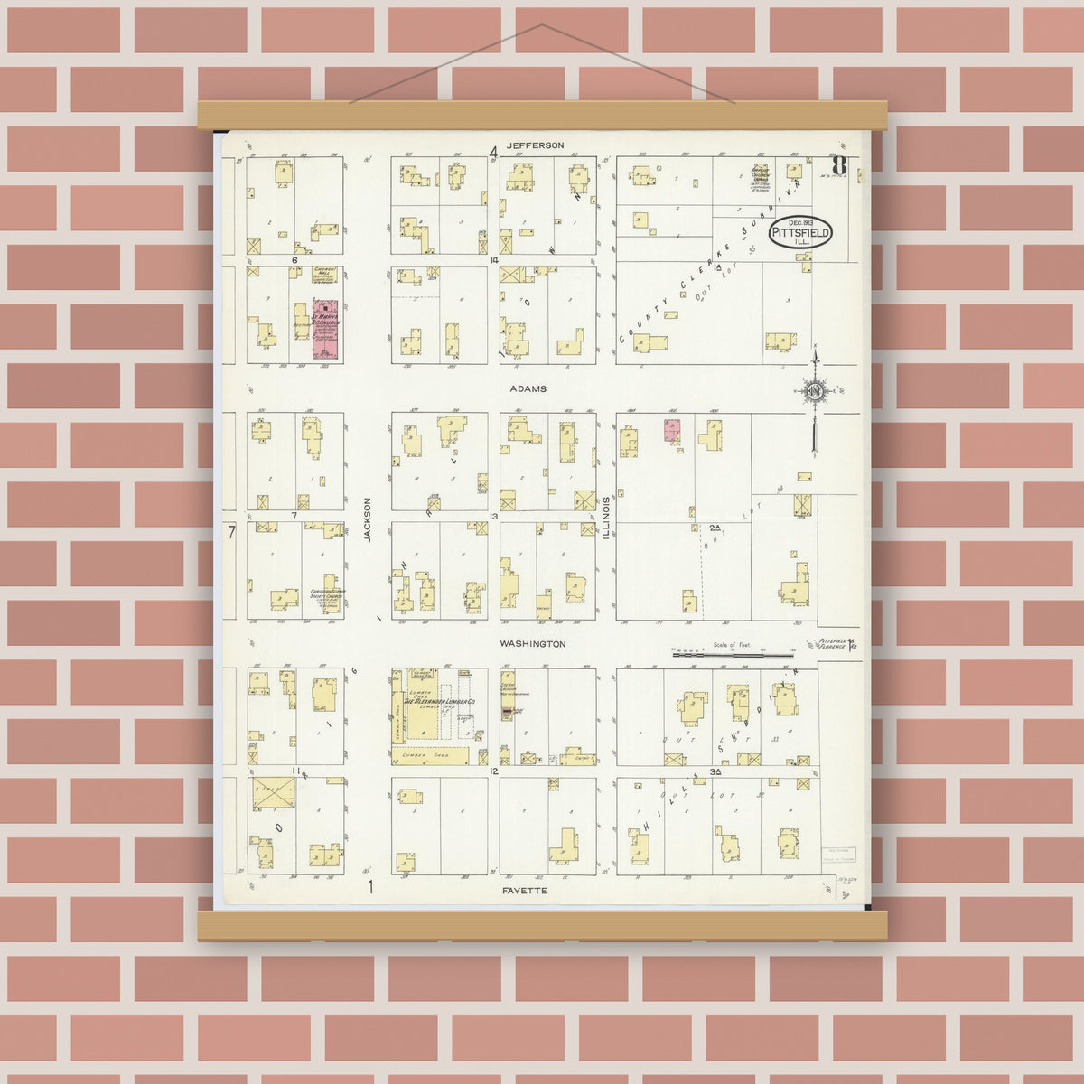 Old map wall art mockup — magnetic wood frame on brick wall — Sanborn Fire Insurance Map from Pittsfield, Pike County, Illinois (1913), Sheet #0008