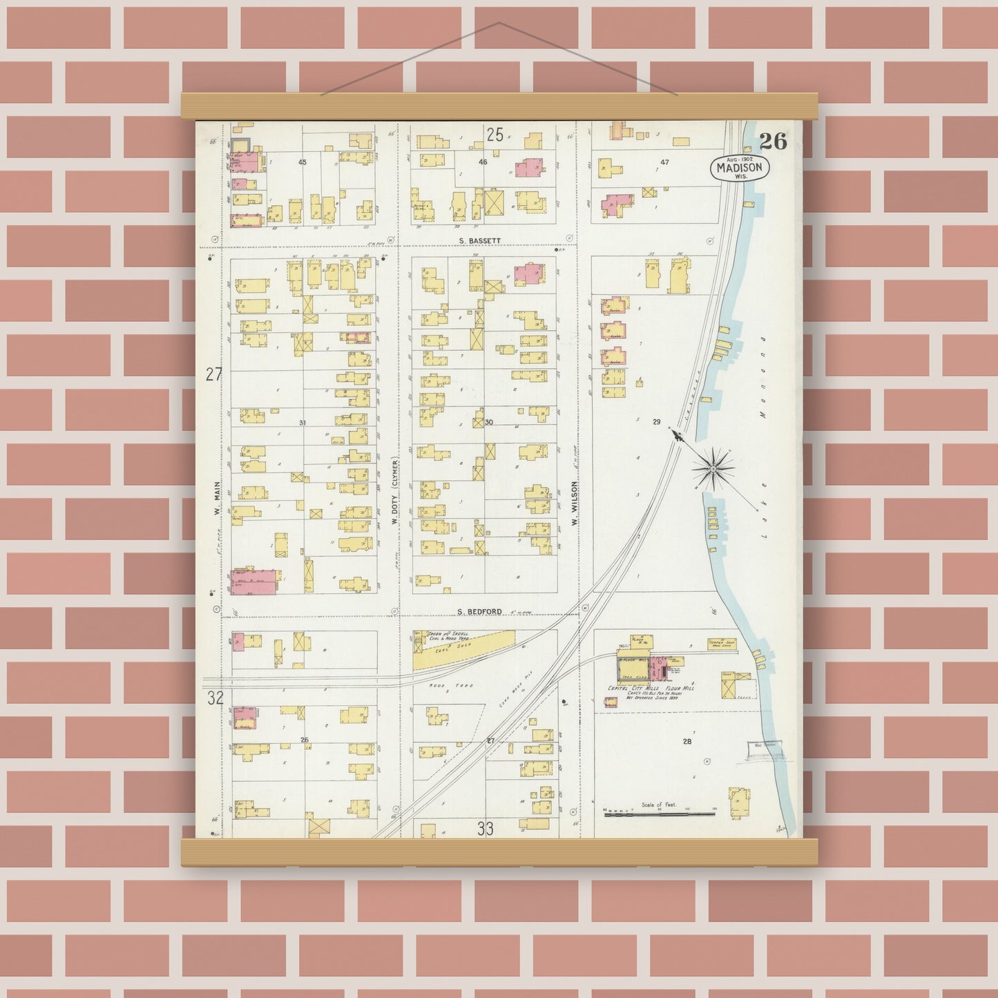 Old map wall art mockup — magnetic wood frame on brick wall — Sanborn Fire Insurance Map from Madison, Dane County, Wisconsin (1902), Sheet #0026