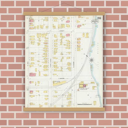 Old map wall art mockup — magnetic wood frame on brick wall — Sanborn Fire Insurance Map from Madison, Dane County, Wisconsin (1902), Sheet #0026