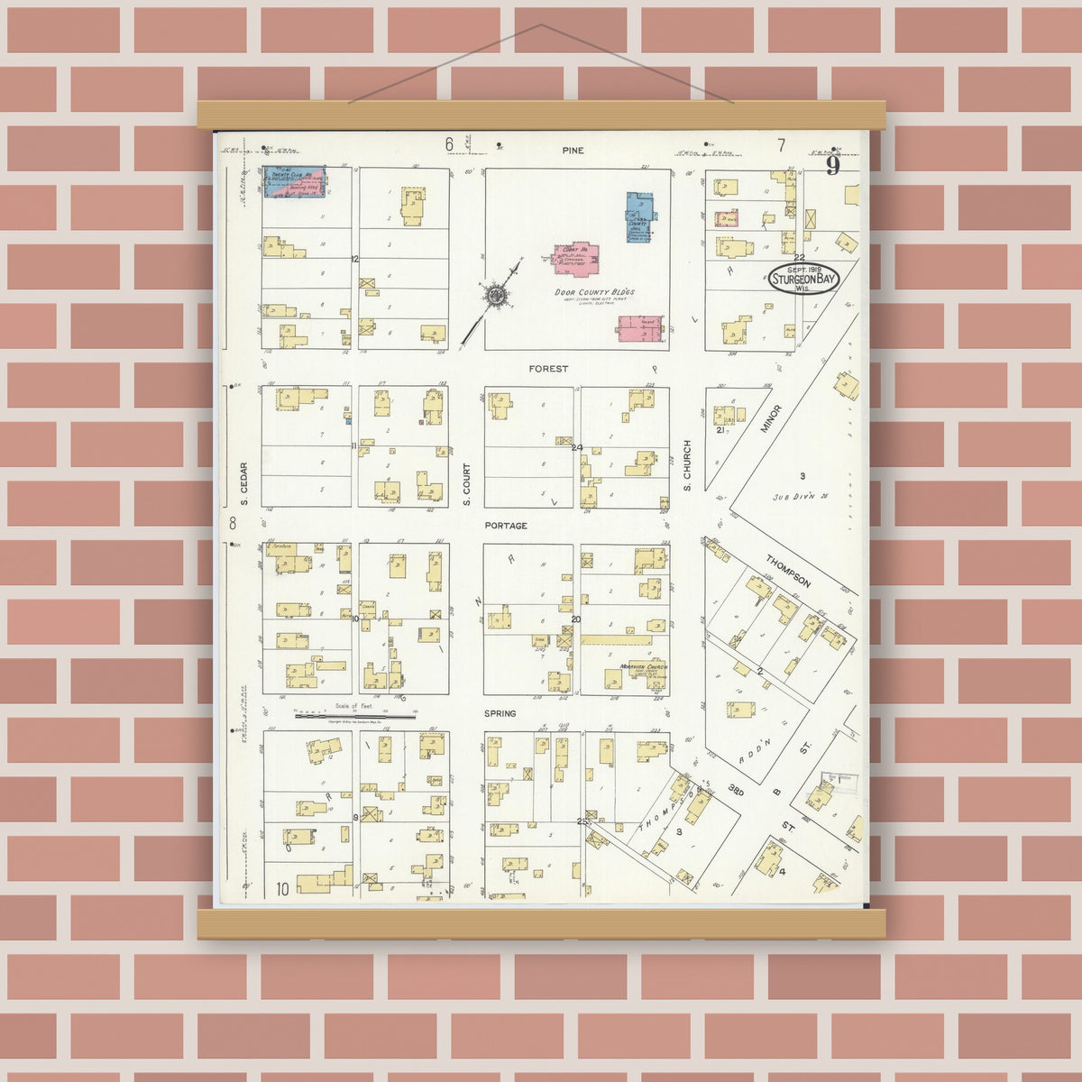 Old map wall art mockup — magnetic wood frame on brick wall — Sanborn Fire Insurance Map from Sturgeon Bay, Door County, Wisconsin (1919), Sheet #0009