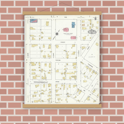 Old map wall art mockup — magnetic wood frame on brick wall — Sanborn Fire Insurance Map from Sturgeon Bay, Door County, Wisconsin (1919), Sheet #0009