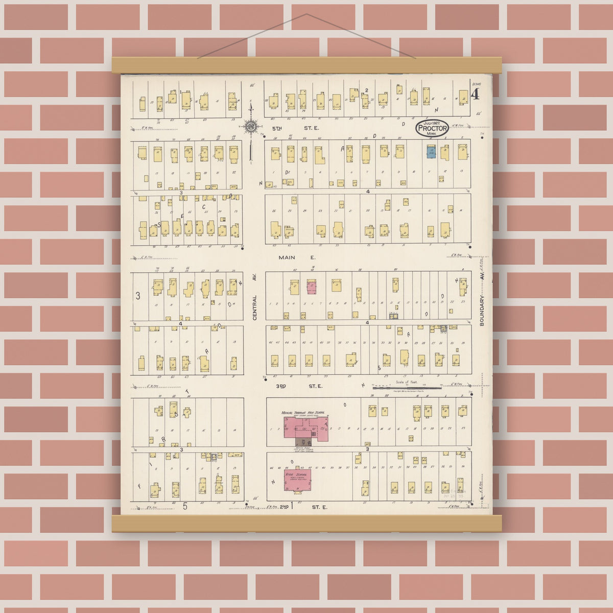 Old map wall art mockup — magnetic wood frame on brick wall — Sanborn Fire Insurance Map from Proctor, Saint Louis County, Minnesota (1922), Sheet #0004