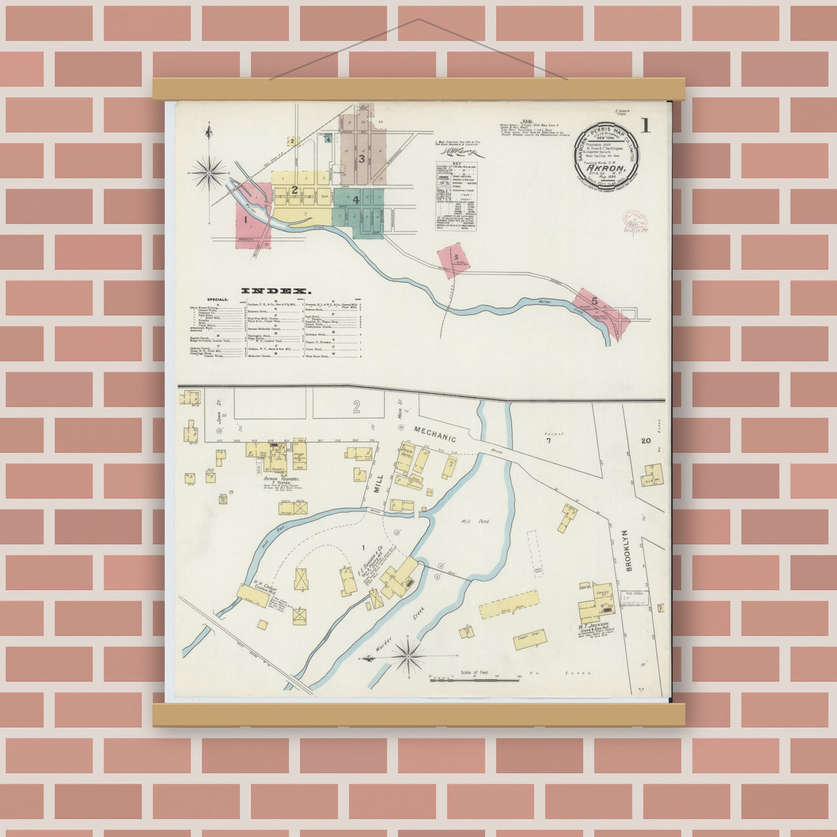 Old map wall art mockup — magnetic wood frame on brick wall — Sanborn Fire Insurance Map from Akron, Erie County, New York (1894) - Complete Map Set