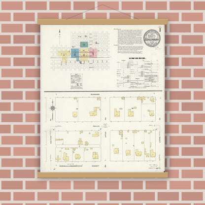 Old map wall art mockup — magnetic wood frame on brick wall — Sanborn Fire Insurance Map from Schulenburg, Fayette County, Texas (1912), Sheet #0001