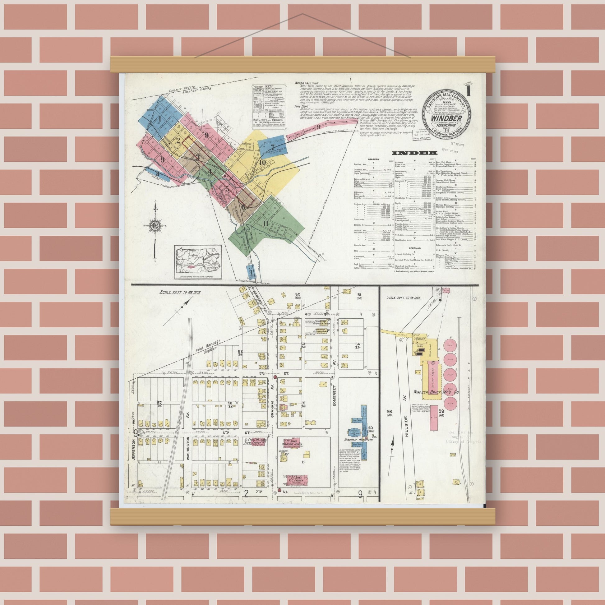 Old map wall art mockup — magnetic wood frame on brick wall — Sanborn Fire Insurance Map from Windber, Somerset County, Pennsylvania (1916), Sheet #0001