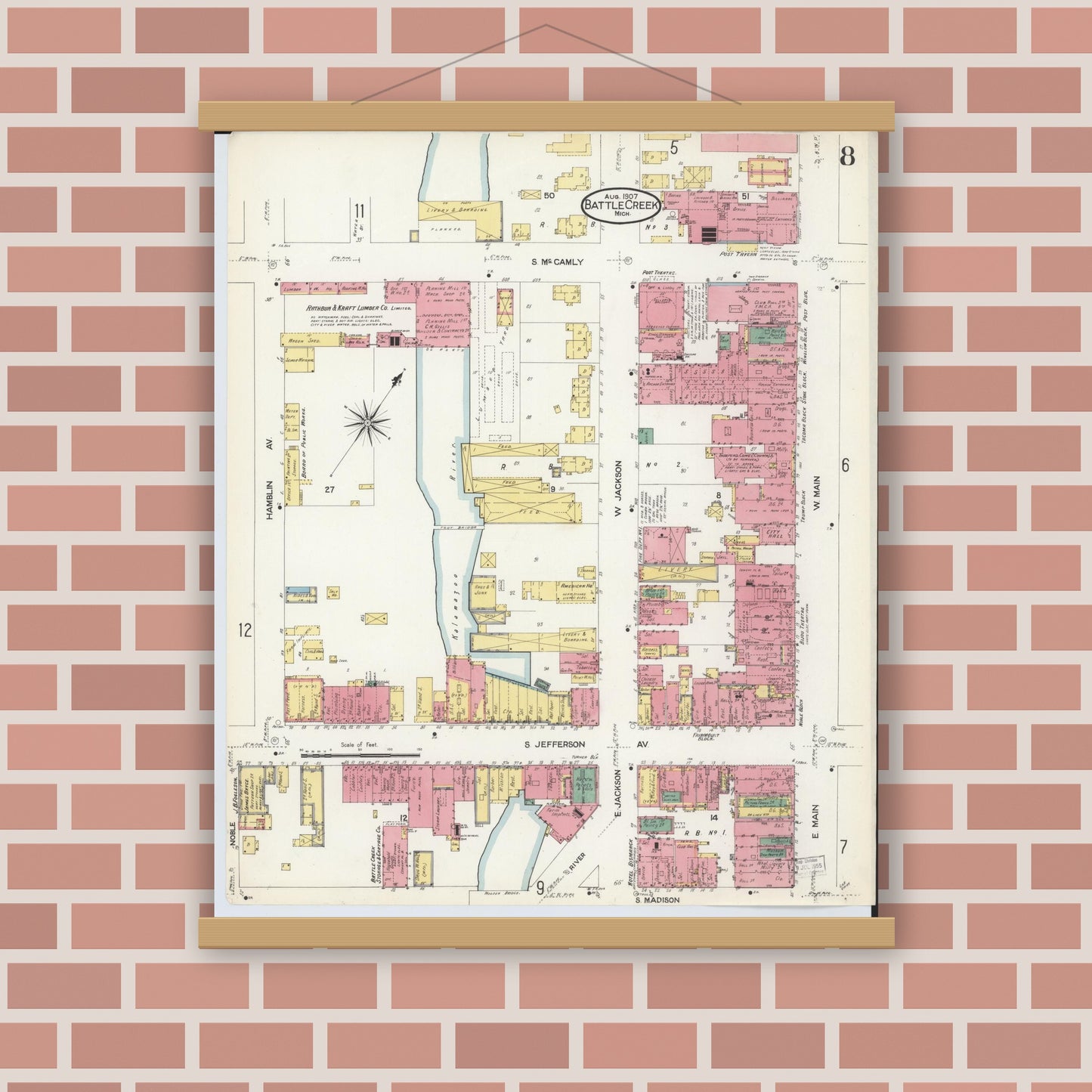Old map wall art mockup — magnetic wood frame on brick wall — Sanborn Fire Insurance Map from Battle Creek, Calhoun County, Michigan (1907), Sheet #0008