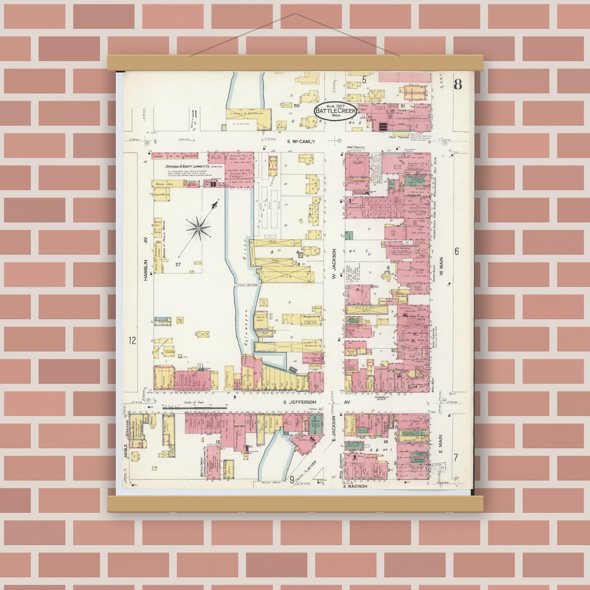 Old map wall art mockup — magnetic wood frame on brick wall — Sanborn Fire Insurance Map from Battle Creek, Calhoun County, Michigan (1907), Sheet #0008