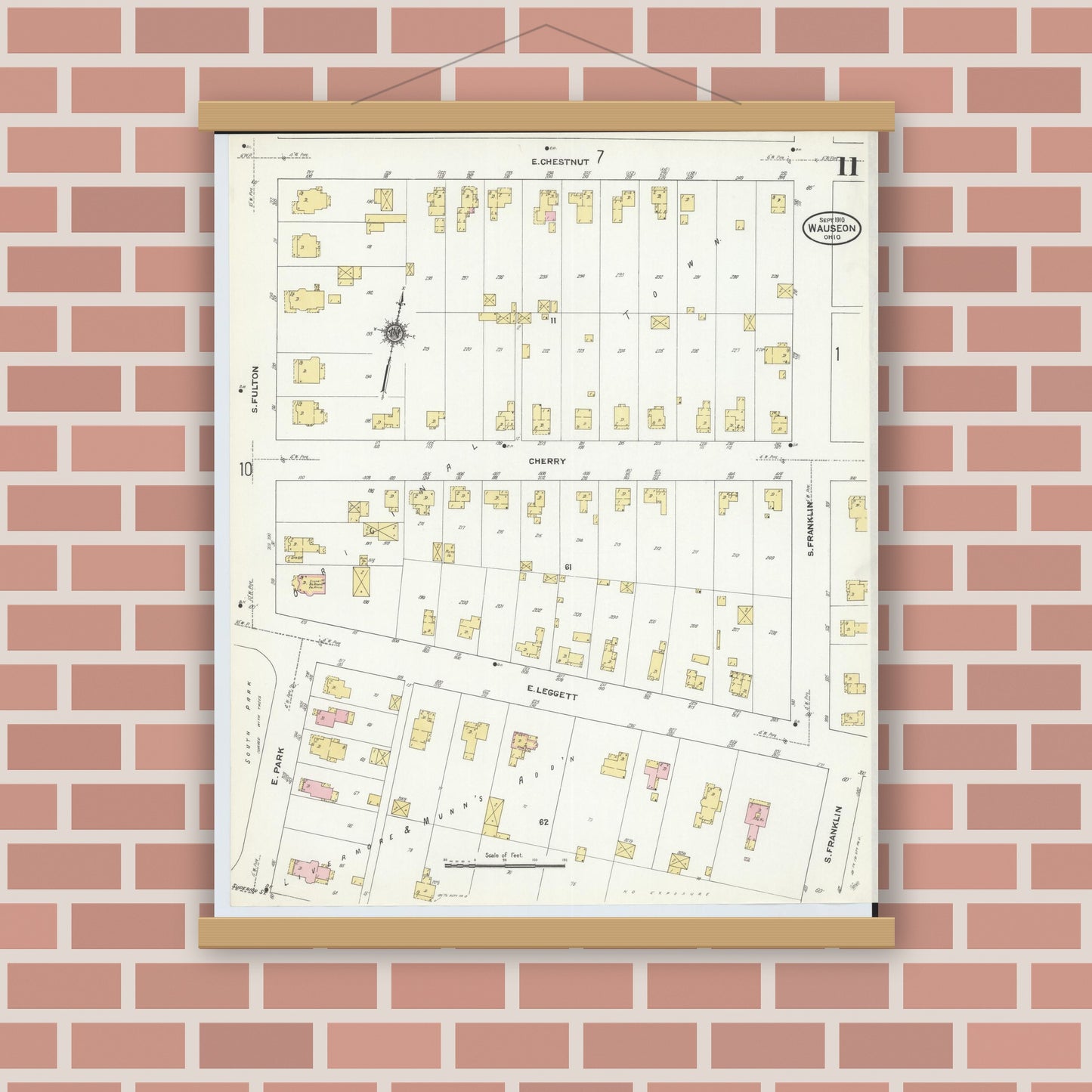 Old map wall art mockup — magnetic wood frame on brick wall — Sanborn Fire Insurance Map from Wauseon, Fulton County, Ohio (1910), Sheet #0011