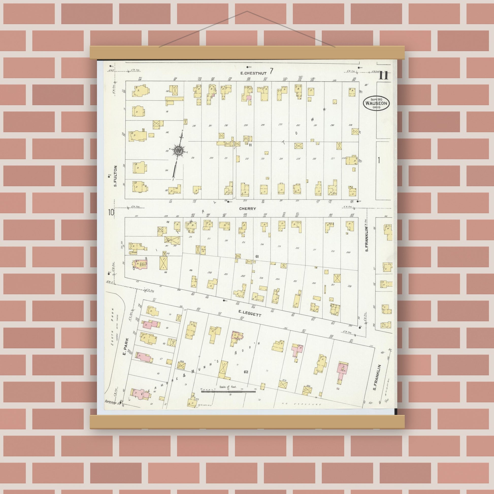 Old map wall art mockup — magnetic wood frame on brick wall — Sanborn Fire Insurance Map from Wauseon, Fulton County, Ohio (1910), Sheet #0011
