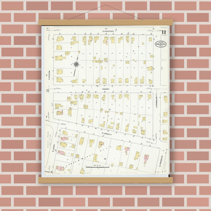 Old map wall art mockup — magnetic wood frame on brick wall — Sanborn Fire Insurance Map from Wauseon, Fulton County, Ohio (1910), Sheet #0011