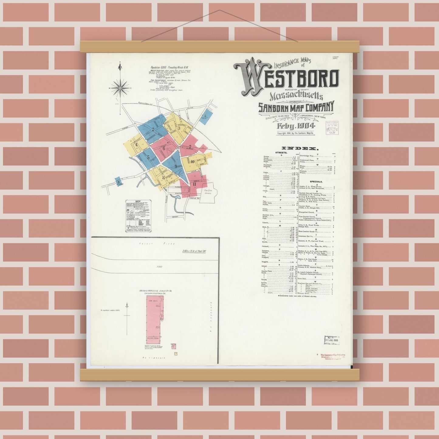 Old map wall art mockup — magnetic wood frame on brick wall — Sanborn Fire Insurance Map from Westboro, Worcester County, Massachusetts (1904), Sheet #0001