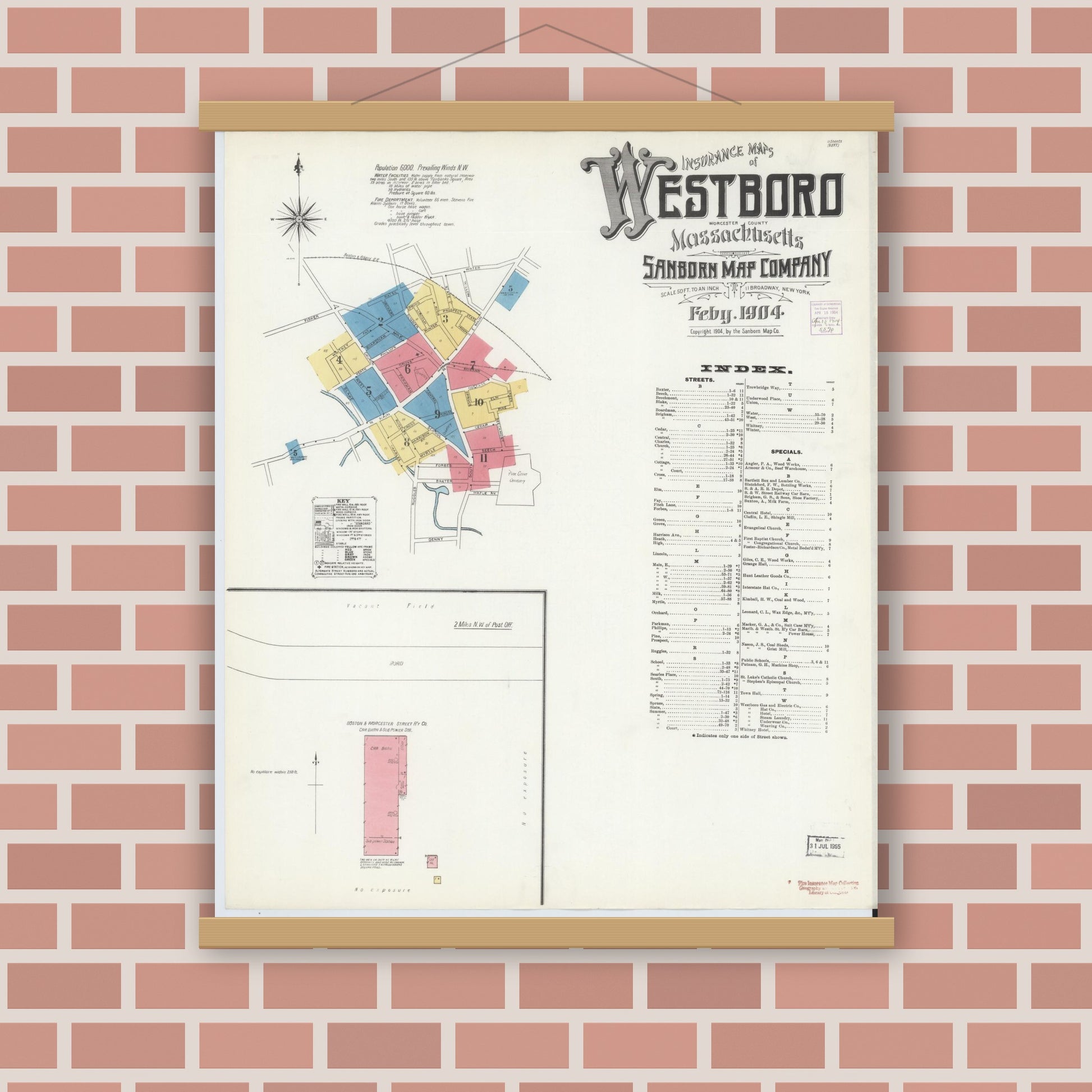 Old map wall art mockup — magnetic wood frame on brick wall — Sanborn Fire Insurance Map from Westboro, Worcester County, Massachusetts (1904), Sheet #0001