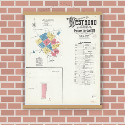 Old map wall art mockup — magnetic wood frame on brick wall — Sanborn Fire Insurance Map from Westboro, Worcester County, Massachusetts (1904), Sheet #0001