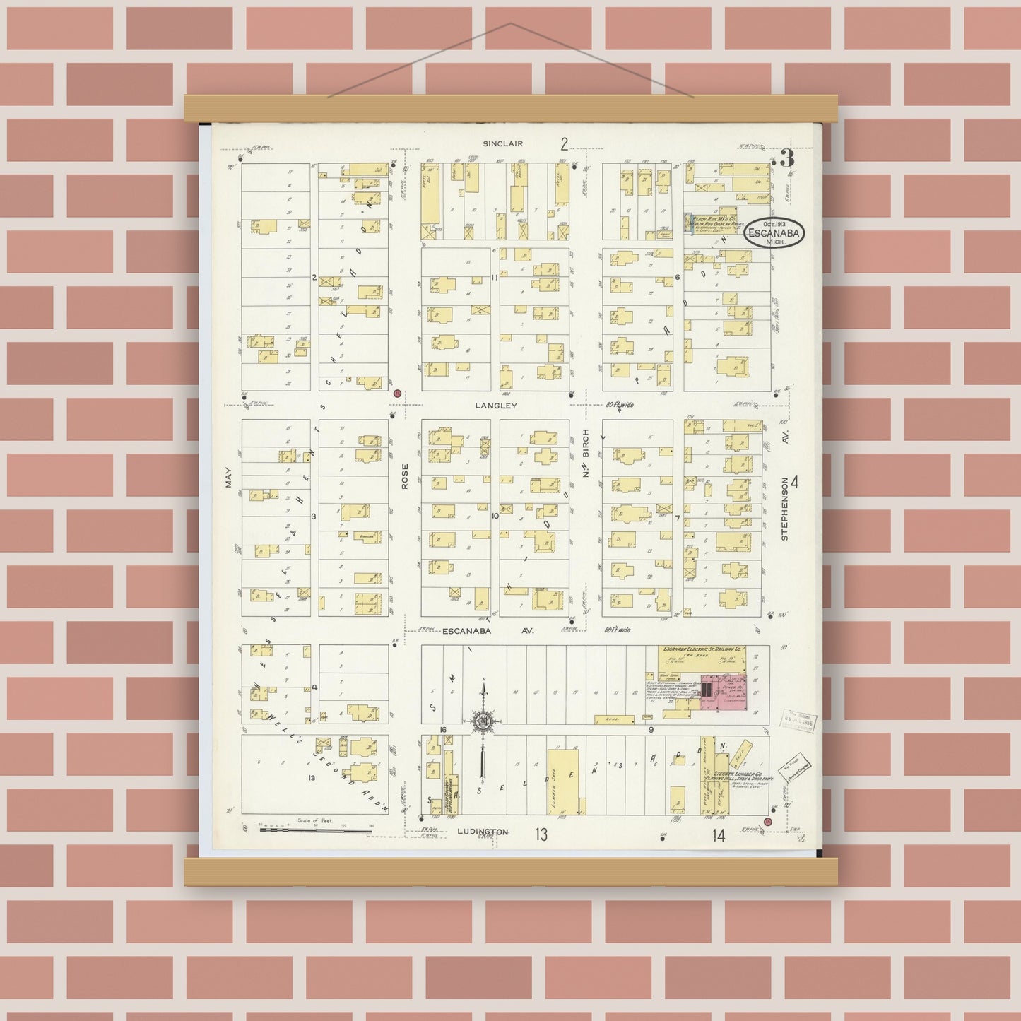 Old map wall art mockup — magnetic wood frame on brick wall — Sanborn Fire Insurance Map from Escanaba, Delta County, Michigan (1913), Sheet #0003